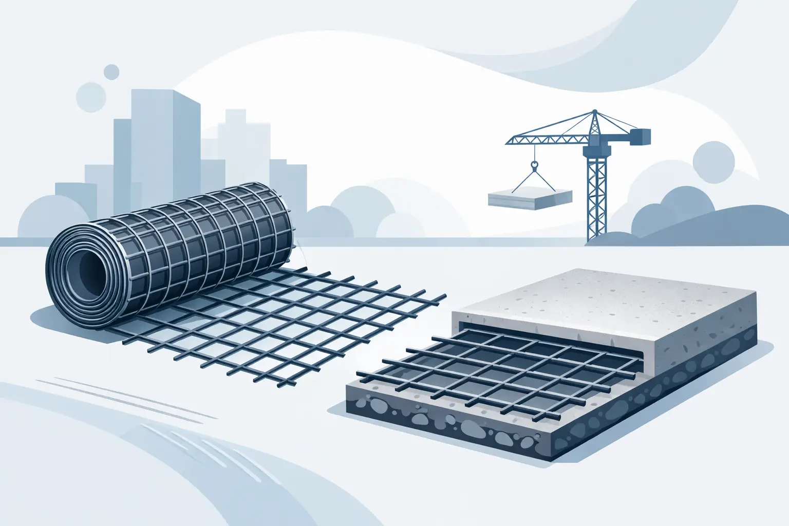 Rolled steel rebar mesh and reinforced concrete slabs on a construction site with a crane in the background and city skyline.